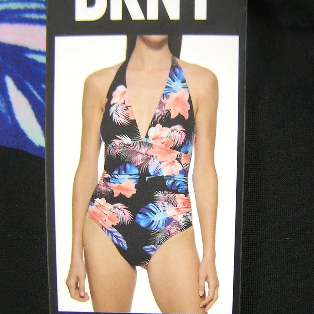 NWT DKNY ONE PIECE SWIMSUIT/MEDIUM HALTER FLORAL - Picture 2 of 7